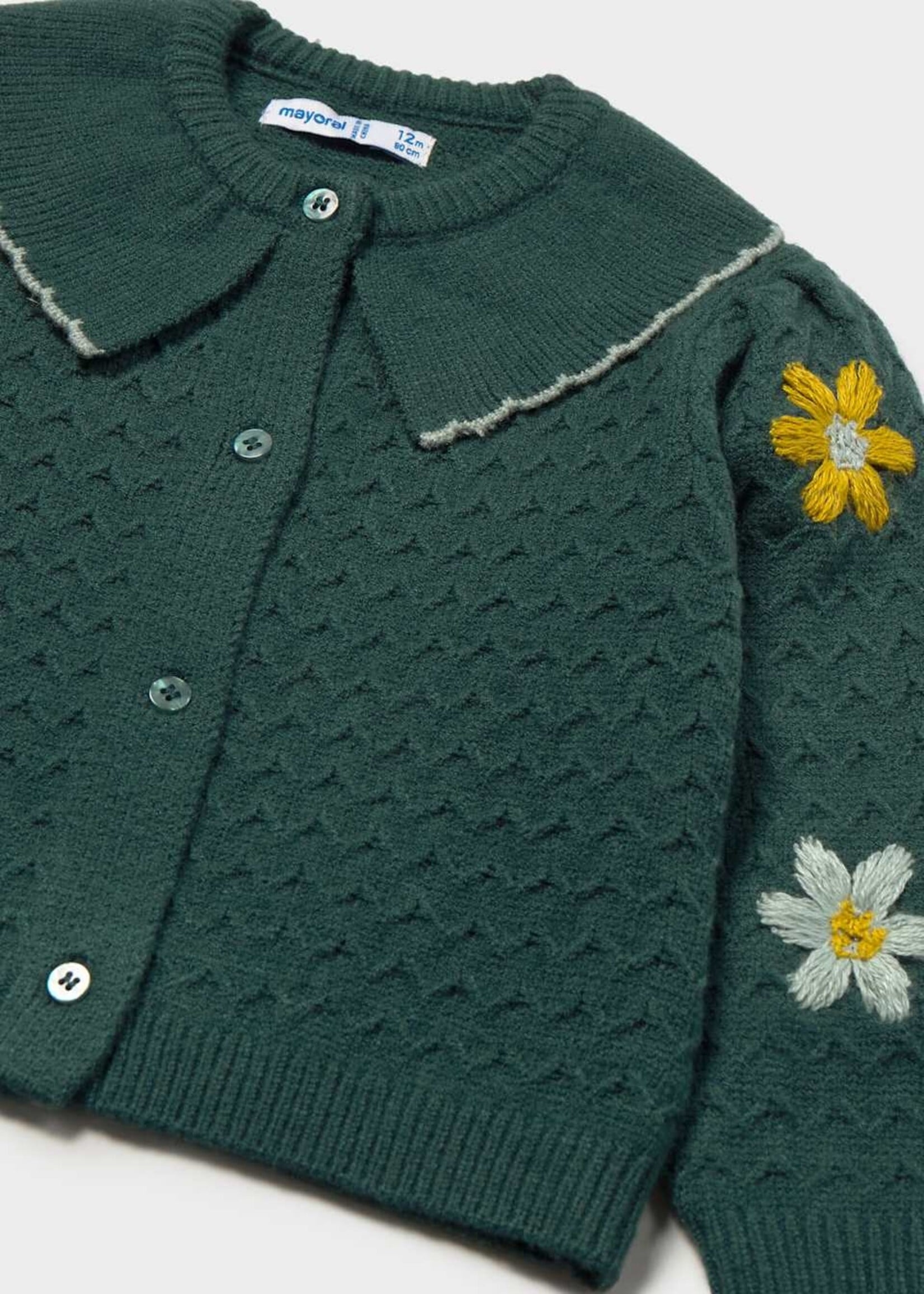 Mayoral Floral-Embroidered Green Cardigan