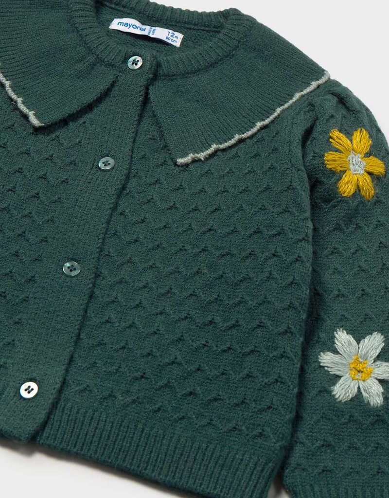 Mayoral Floral-Embroidered Green Cardigan