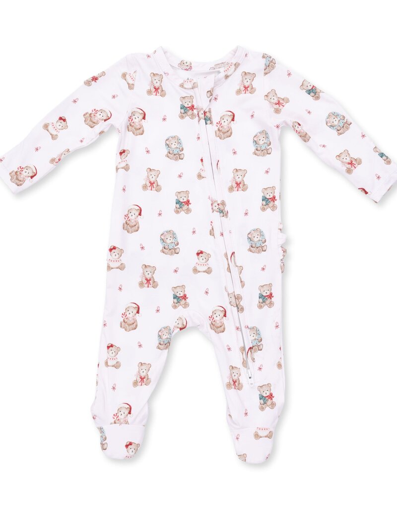Angel Dear Christmas Teddy Bears Pink 2 Way Ruffle Back Zipper Footie
