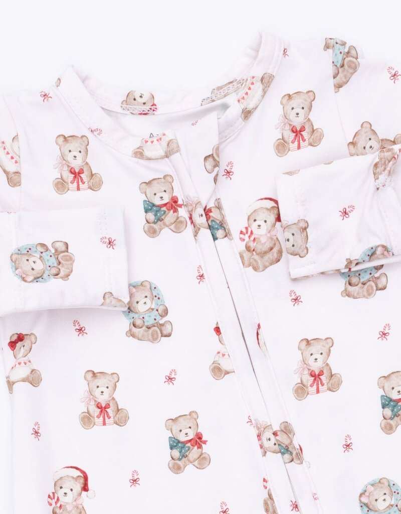 Angel Dear Christmas Teddy Bears Pink 2 Way Ruffle Back Zipper Footie