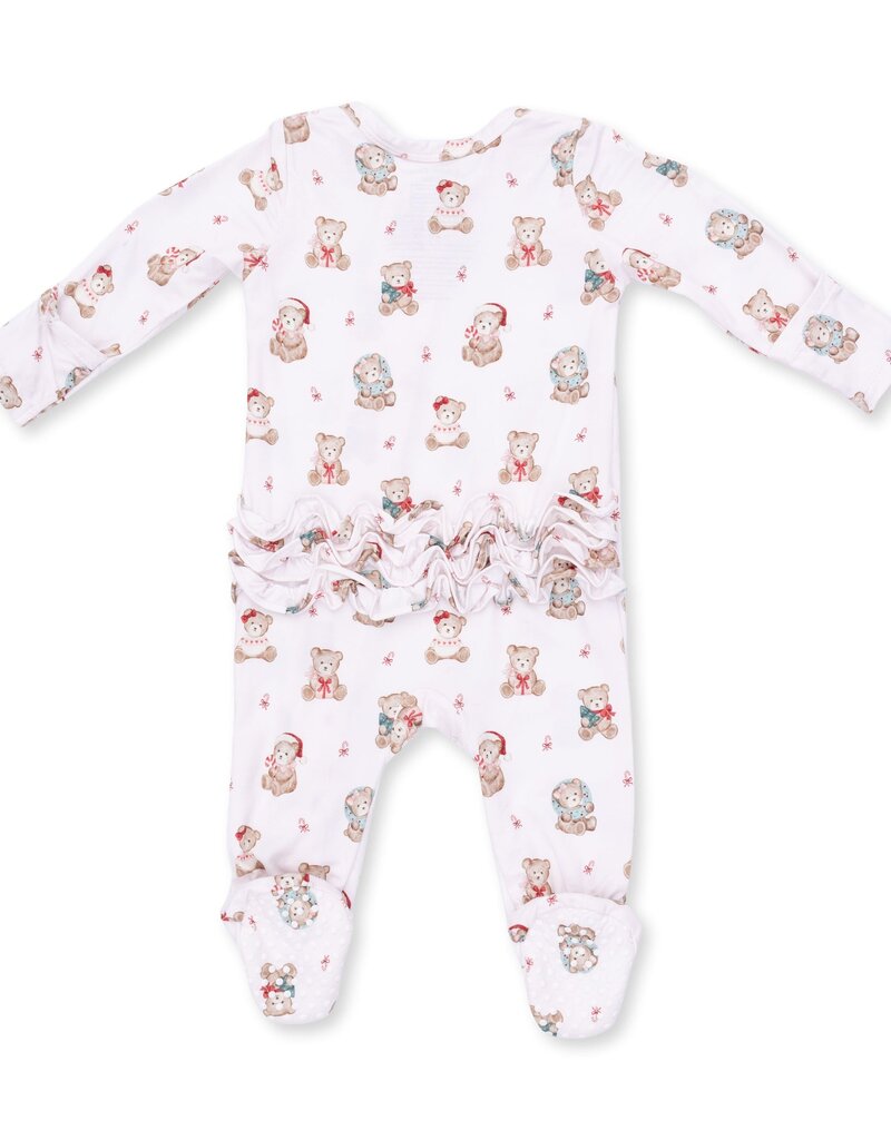 Angel Dear Christmas Teddy Bears Pink 2 Way Ruffle Back Zipper Footie