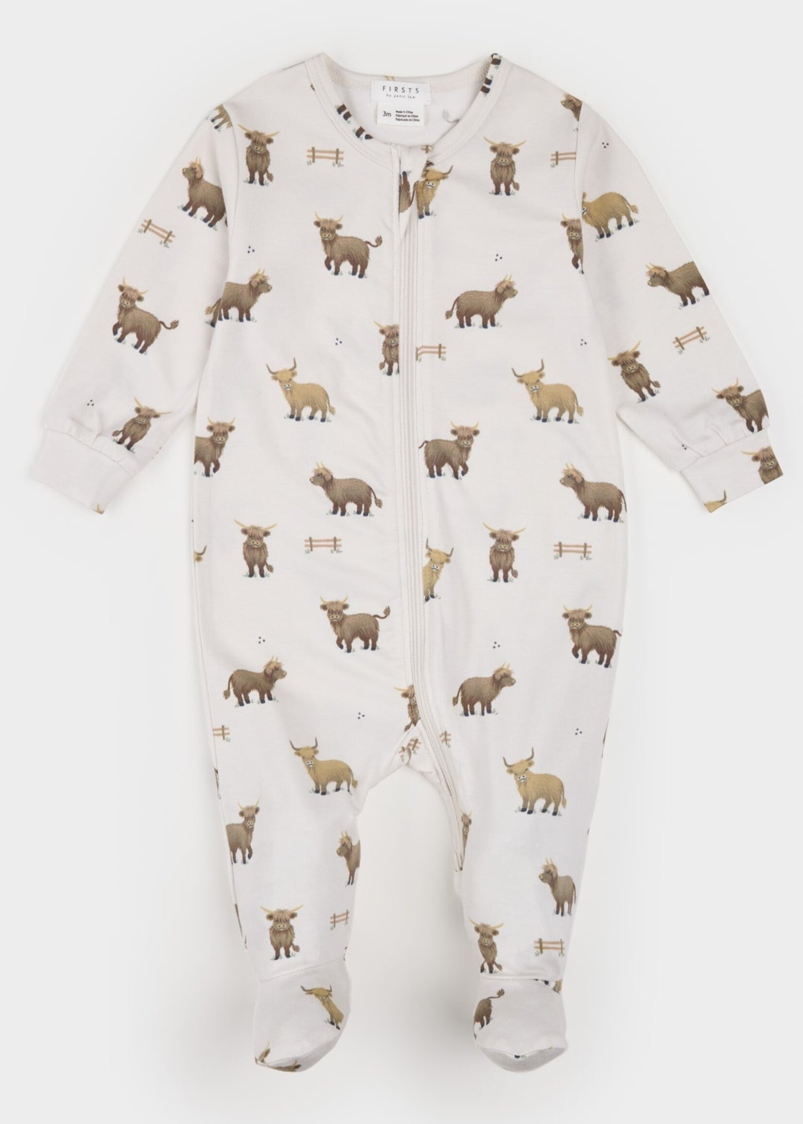 Petit Lem FOOTED SLEEPER w/HIGHLAND COWS BEIGE