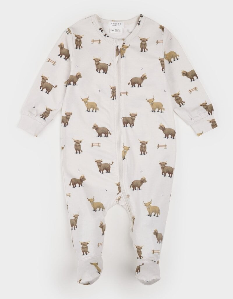 Petit Lem FOOTED SLEEPER w/HIGHLAND COWS BEIGE
