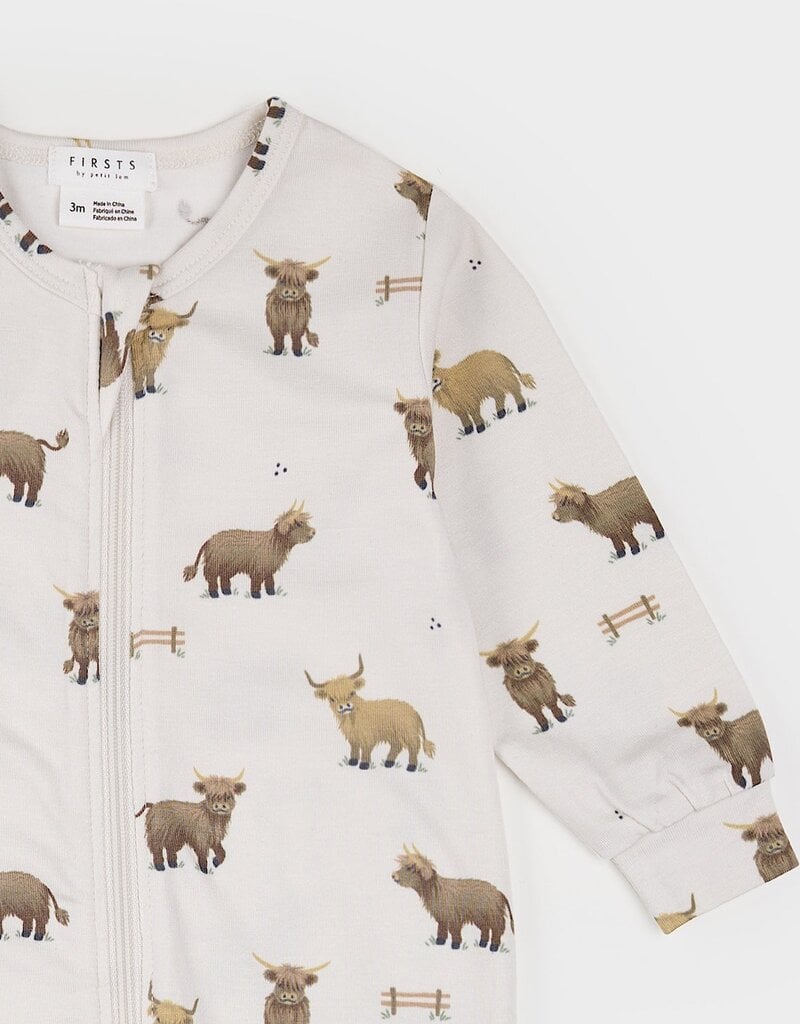 Petit Lem FOOTED SLEEPER w/HIGHLAND COWS BEIGE