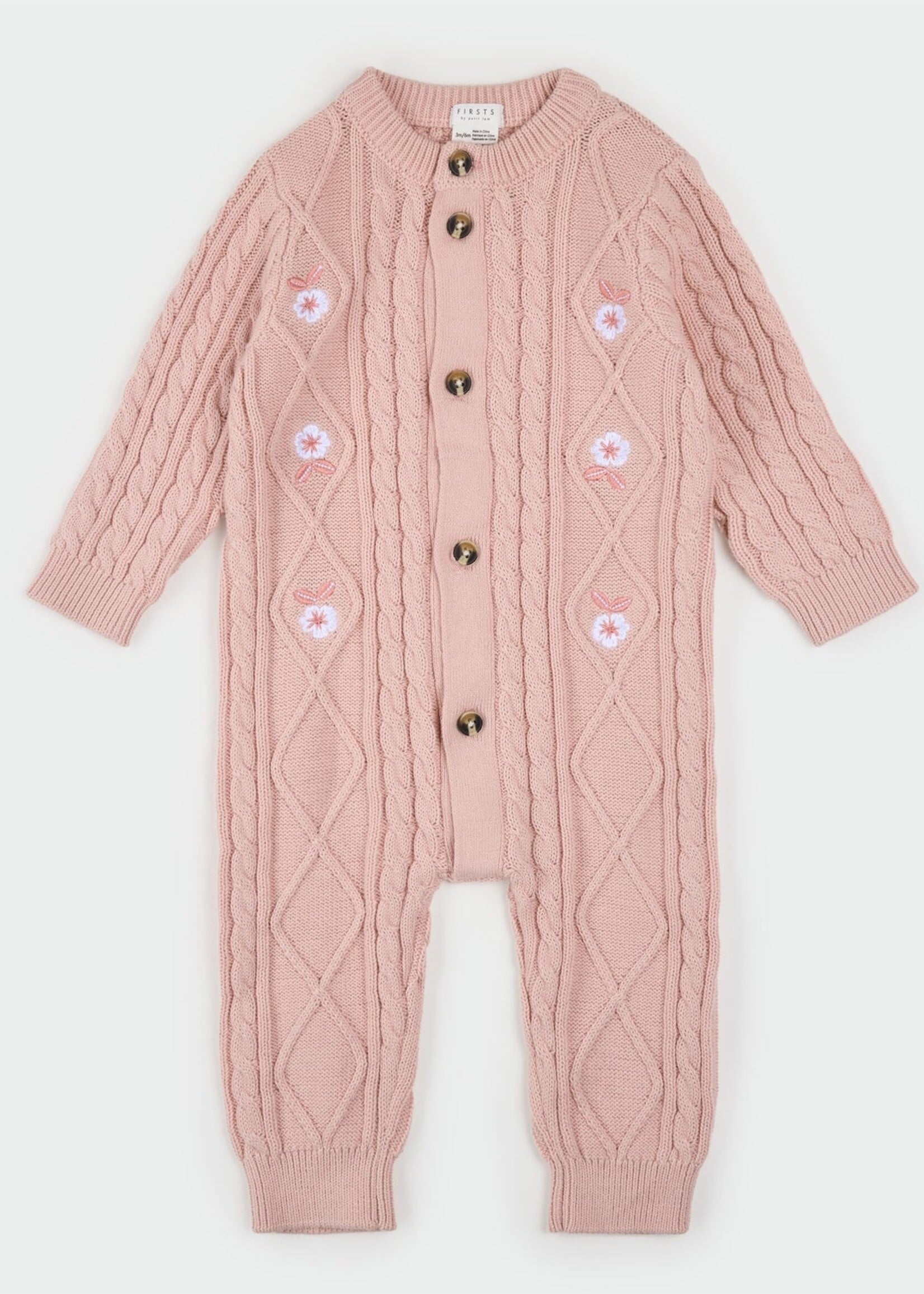 Petit Lem L/S PLAYSUIT KNIT PINK w/FLOWERS