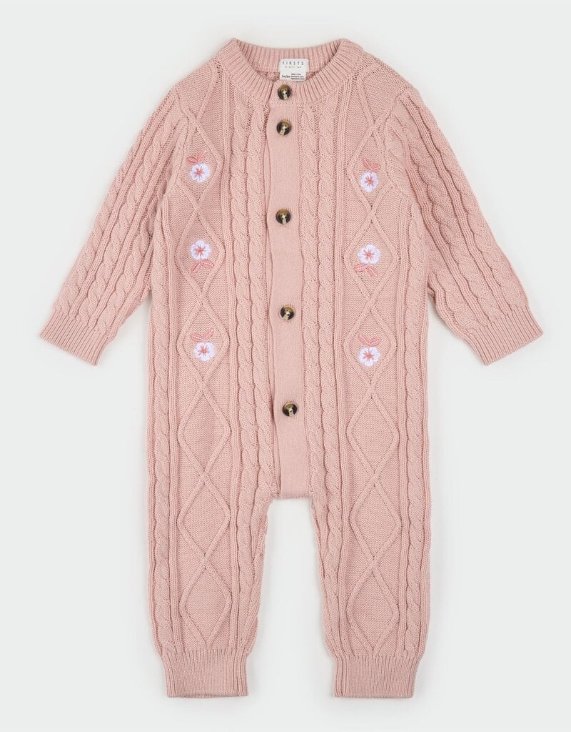 Petit Lem L/S PLAYSUIT KNIT PINK w/FLOWERS