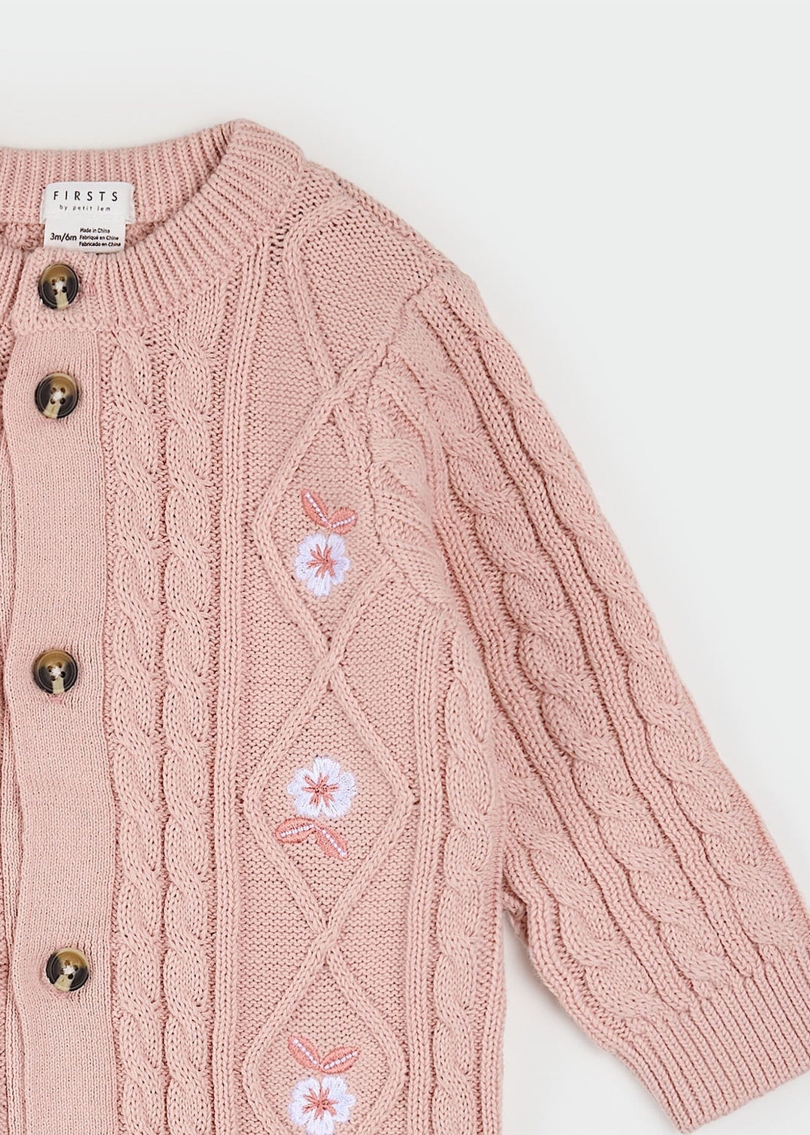 Petit Lem L/S PLAYSUIT KNIT PINK w/FLOWERS