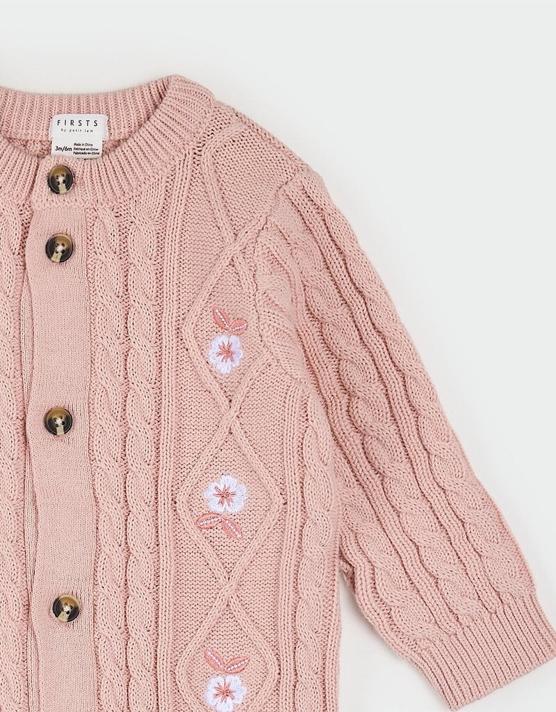 Petit Lem L/S PLAYSUIT KNIT PINK w/FLOWERS