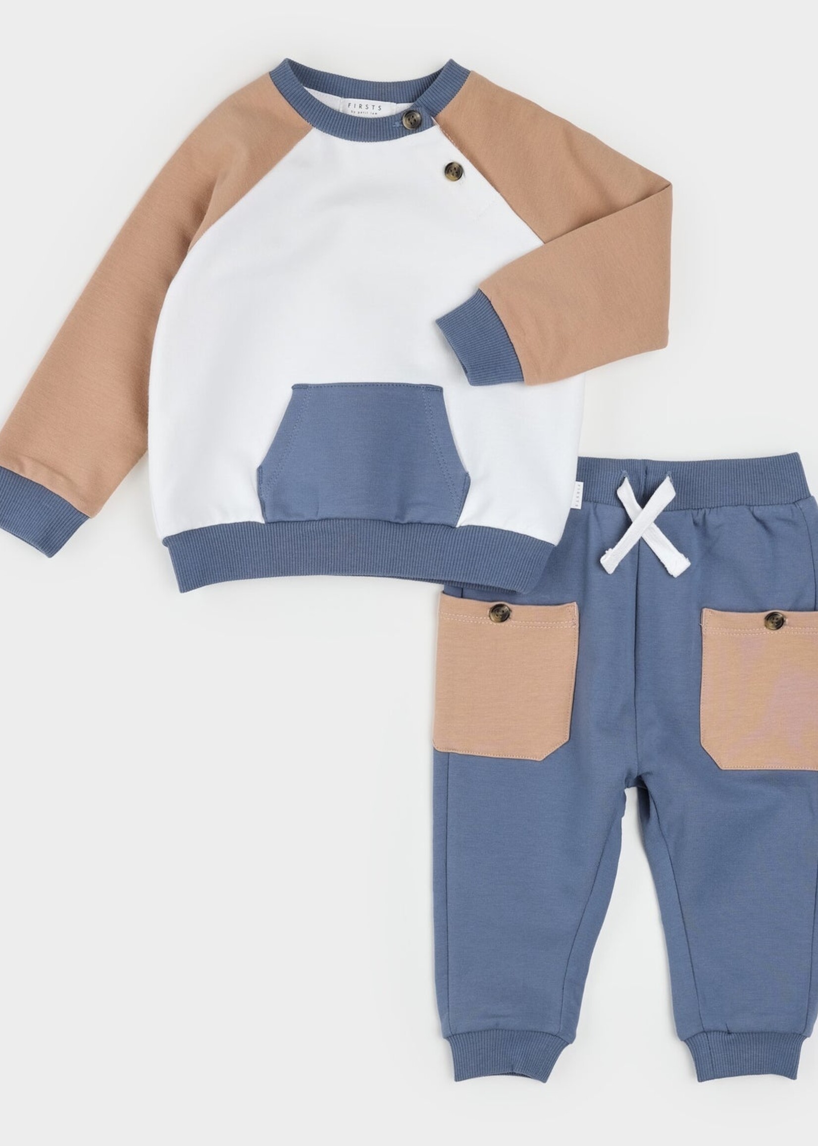 Petit Lem 2PC SET L/S TOP/PANT Beige Blue Block