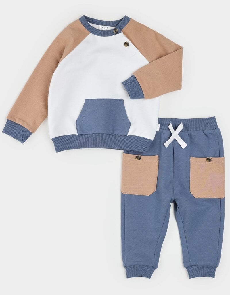 Petit Lem 2PC SET L/S TOP/PANT Beige Blue Block