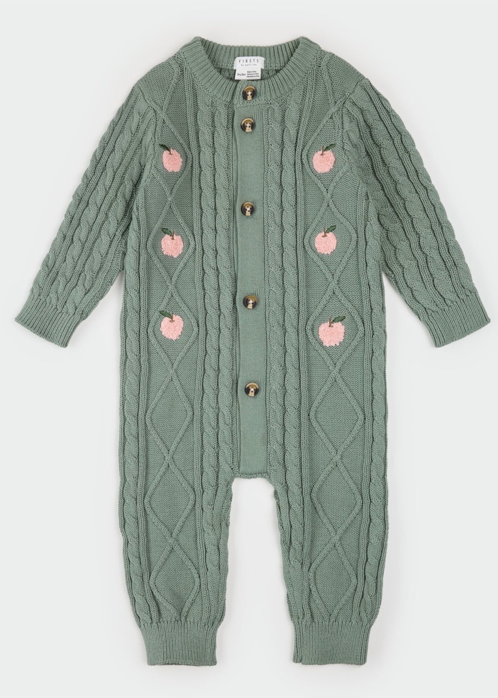Petit Lem L/S PLAYSUIT KNIT GREEN w/APPLES