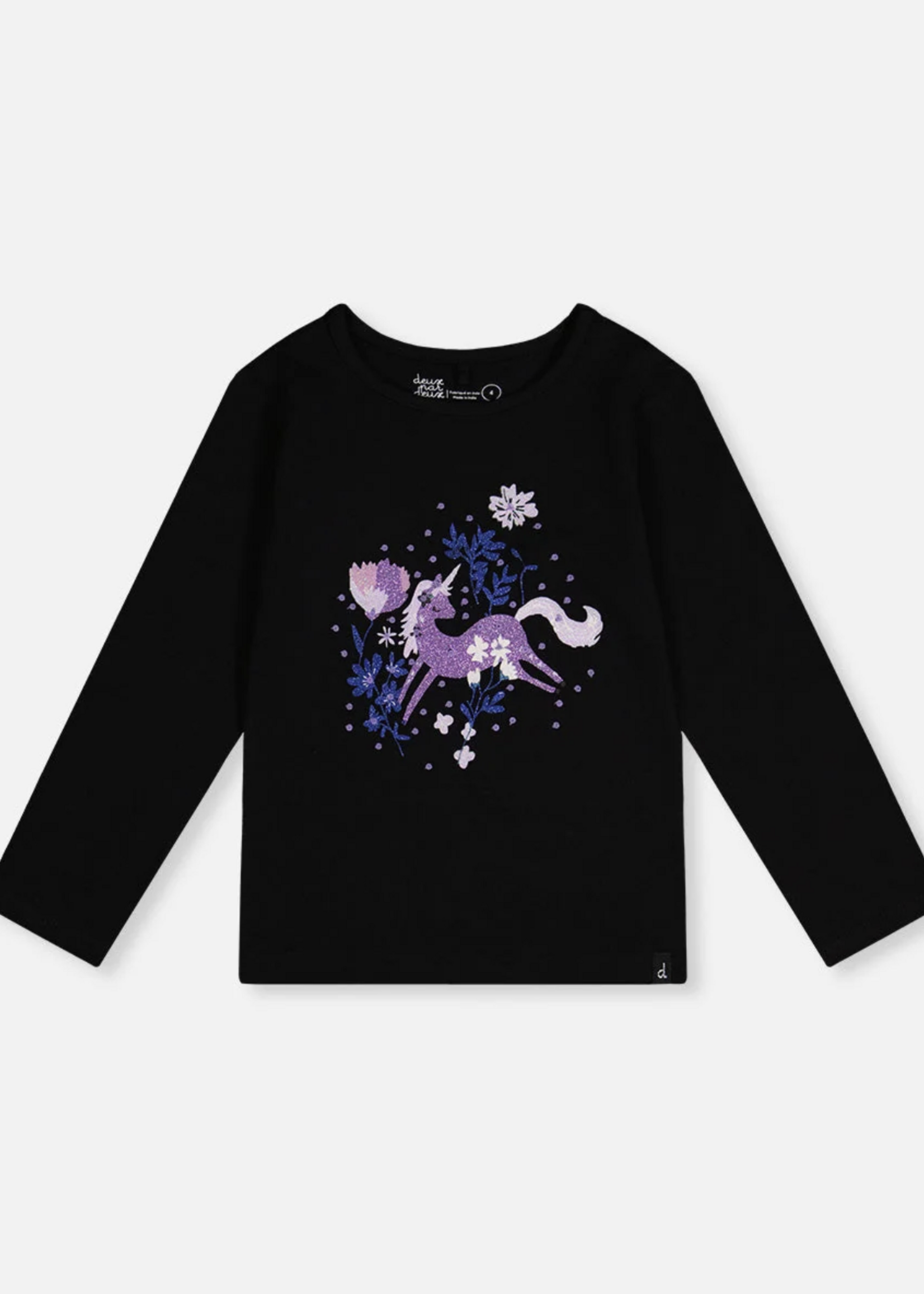 Deux par Deux Organic Jersey T-Shirt Black w/Sparkle Unicorn
