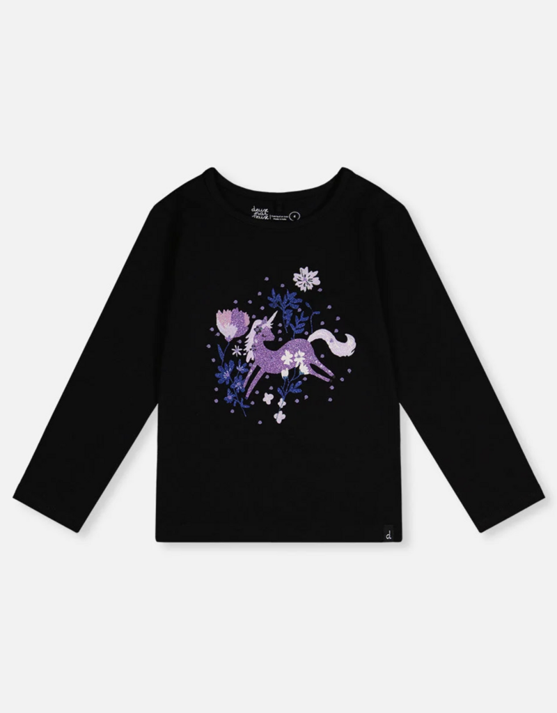 Deux par Deux Organic Jersey T-Shirt Black w/Sparkle Unicorn