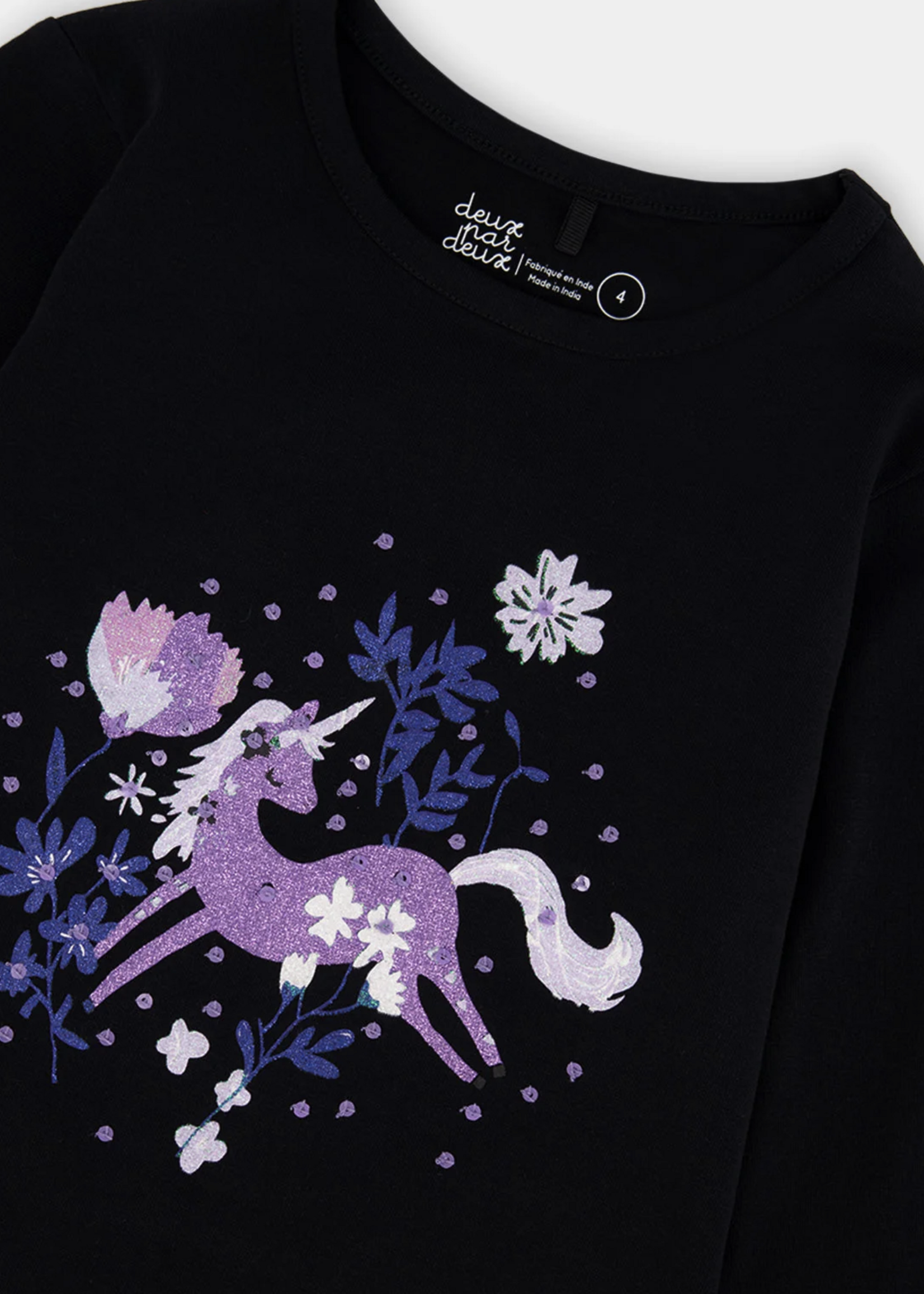 Deux par Deux Organic Jersey T-Shirt Black w/Sparkle Unicorn