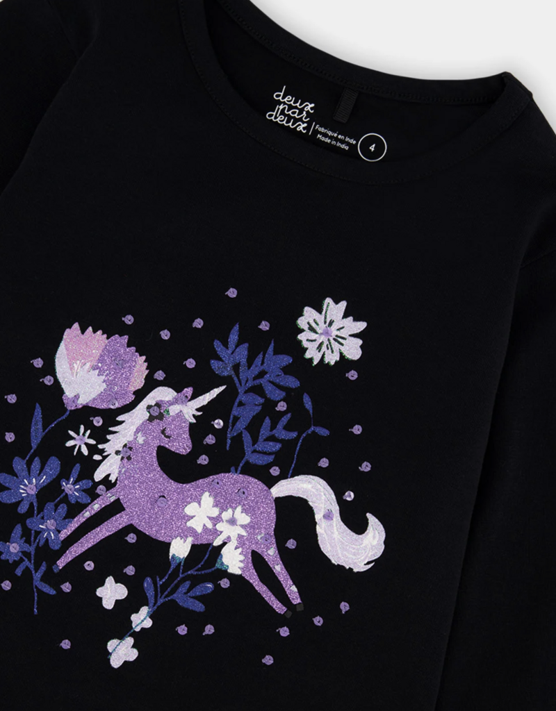 Deux par Deux Organic Jersey T-Shirt Black w/Sparkle Unicorn