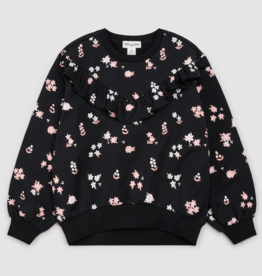 miles the label Pink Flowers Print Black Fleece Sweatshirt