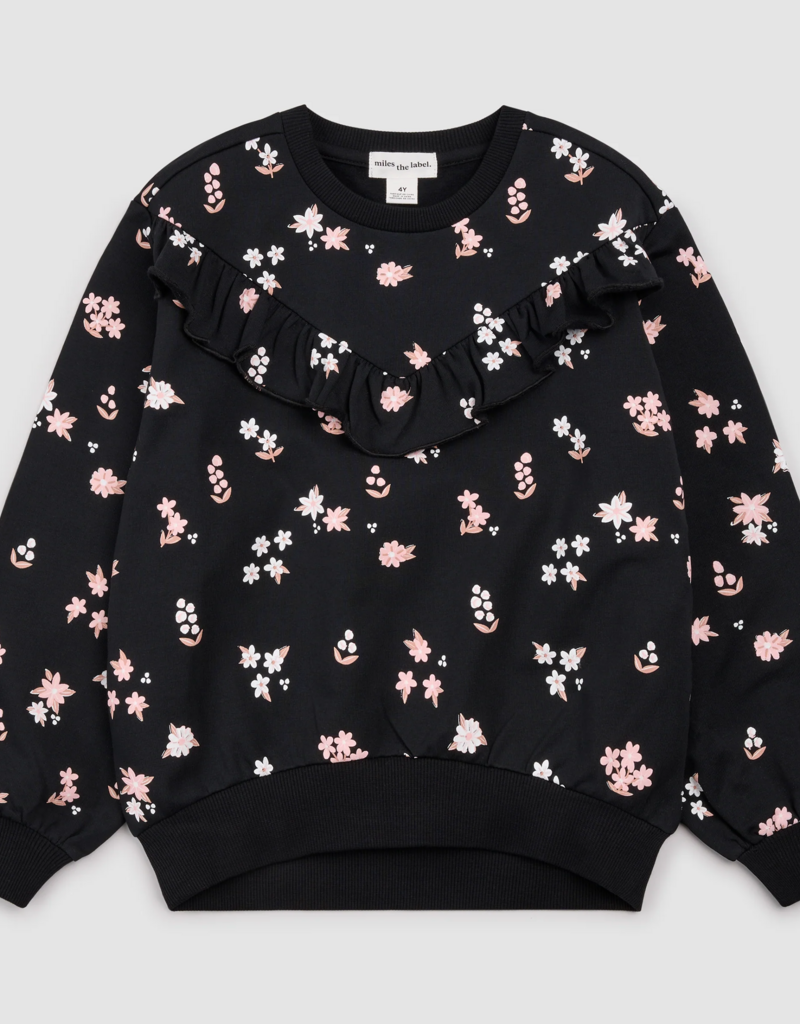 miles the label Pink Flowers Print Black Fleece Sweatshirt