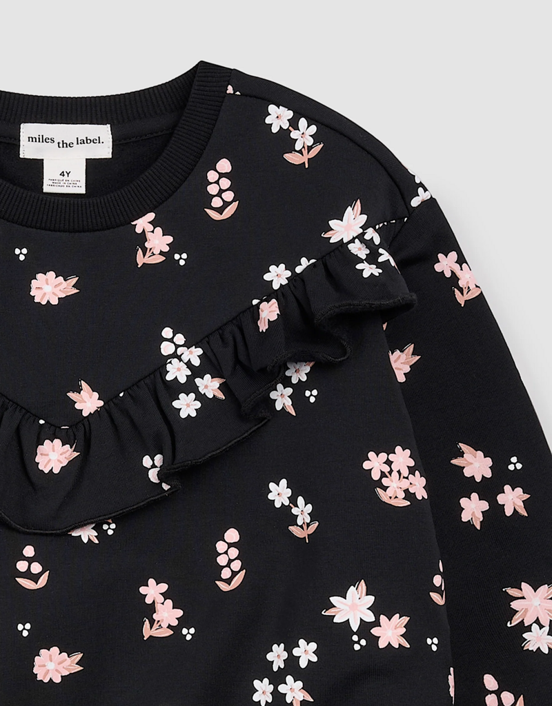 miles the label Pink Flowers Print Black Fleece Sweatshirt