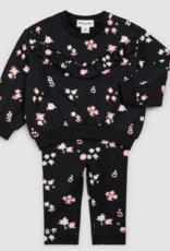 miles the label Pink Flowers Print Black Fleece Sweatshirt
