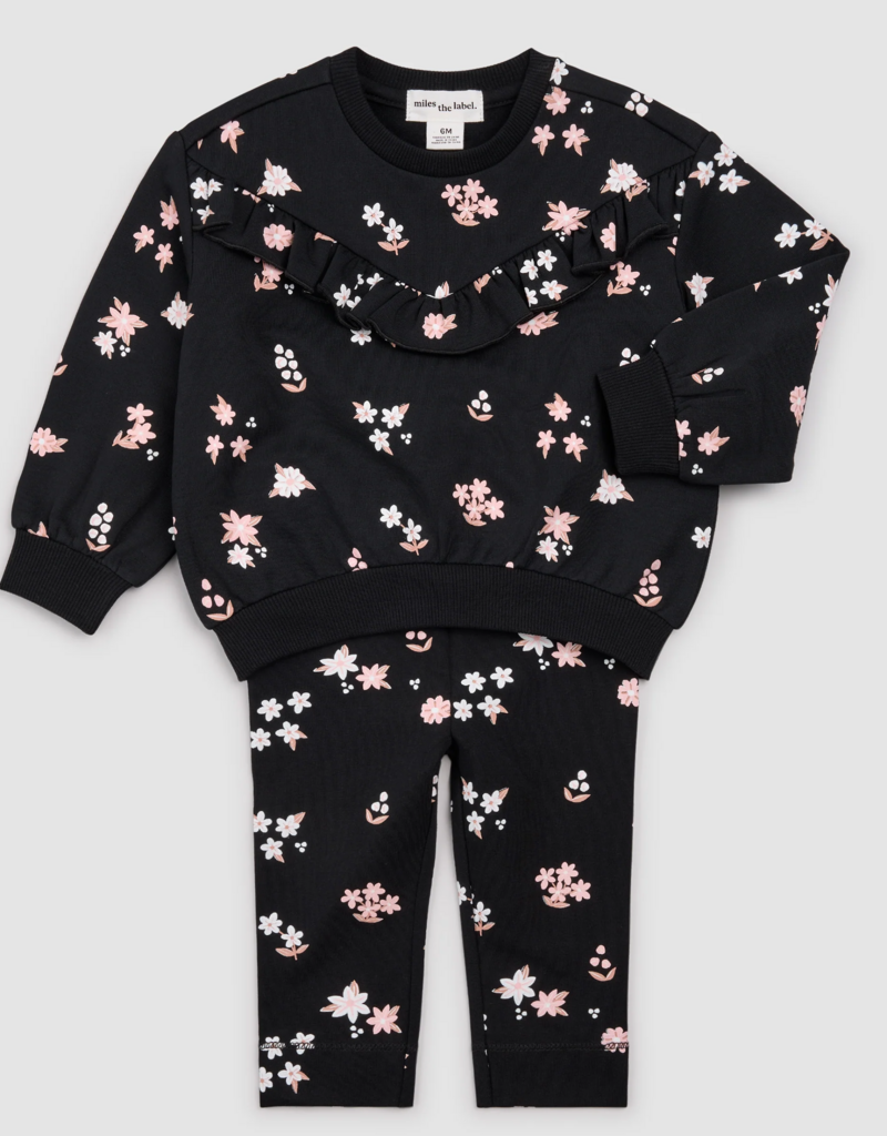 miles the label Pink Flowers Print Black Fleece Sweatshirt