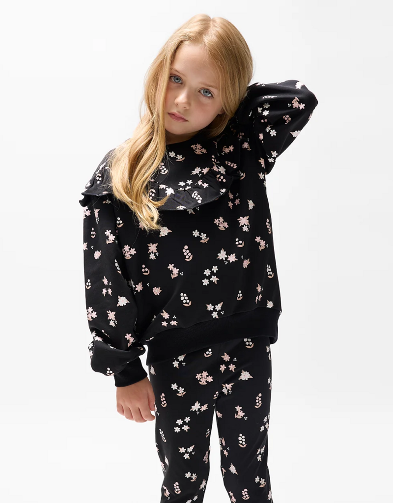 miles the label Pink Flowers Print Black Leggings