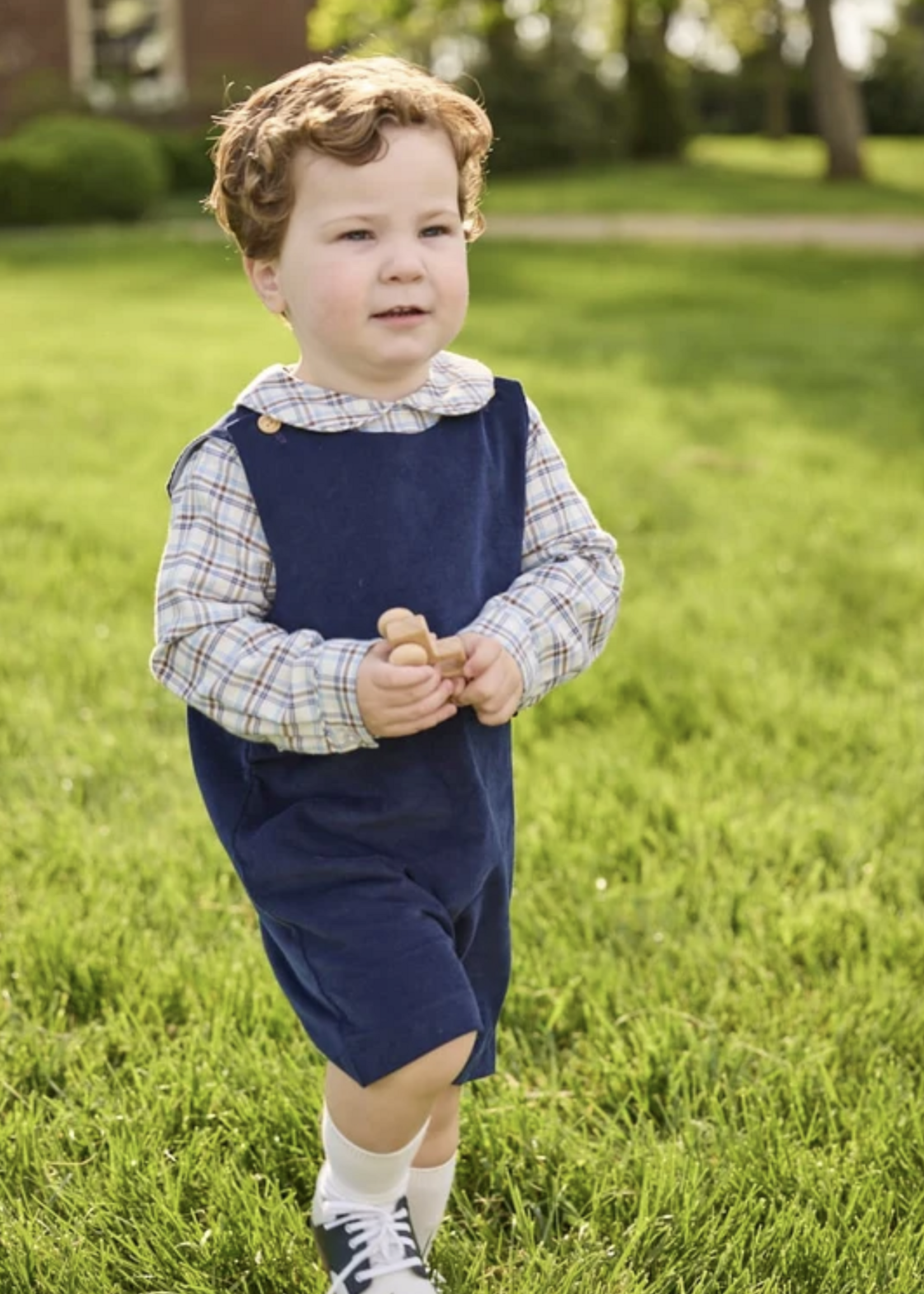 Little English Button Tab John John - Navy Corduroy