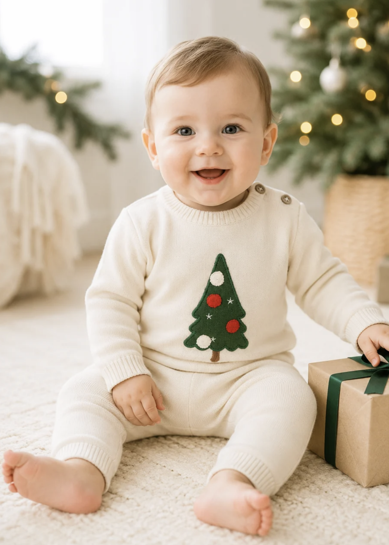 Viverano Christmas Cheer Knit Baby Pullover Pant Set Ecru