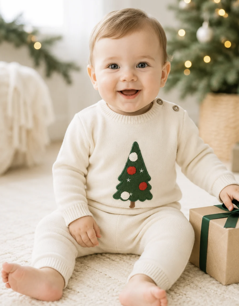 Viverano Christmas Cheer Knit Baby Pullover Pant Set Ecru