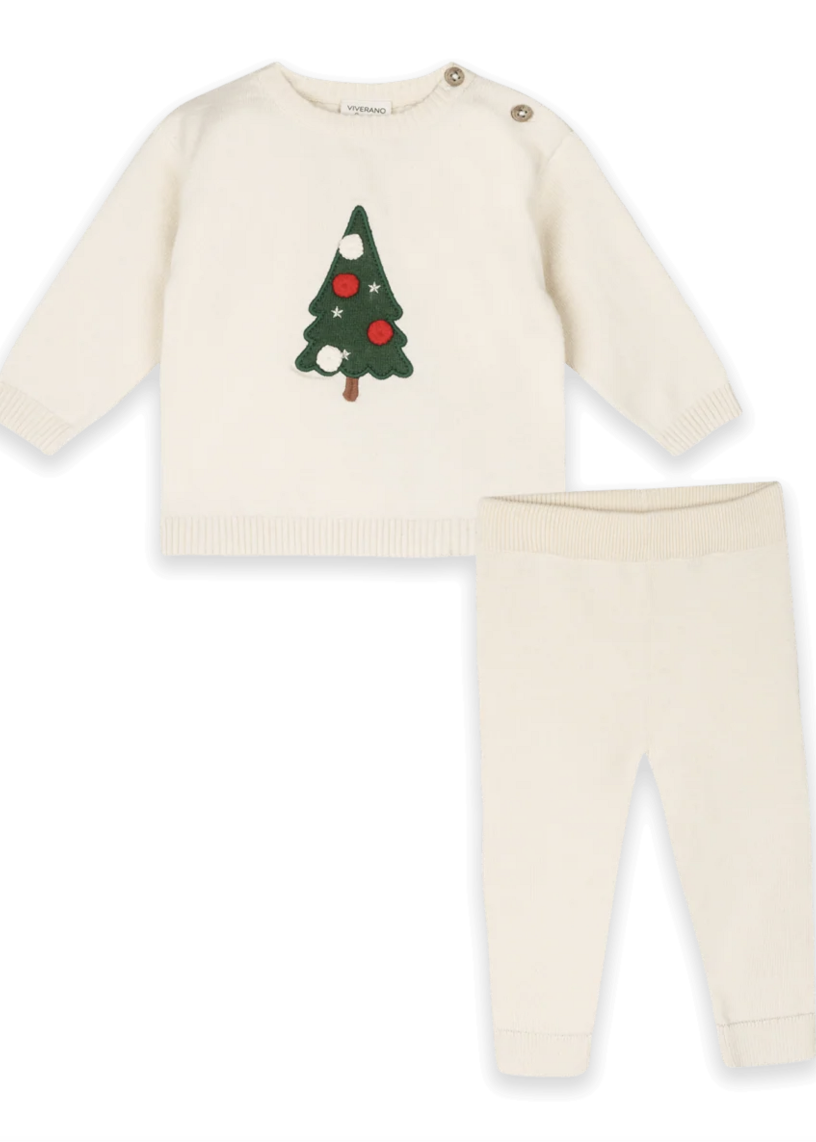 Viverano Christmas Cheer Knit Baby Pullover Pant Set Ecru