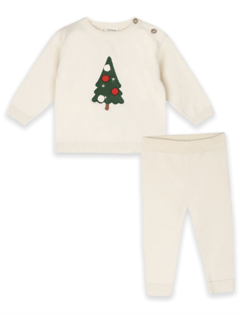 Viverano Christmas Cheer Knit Baby Pullover Pant Set Ecru