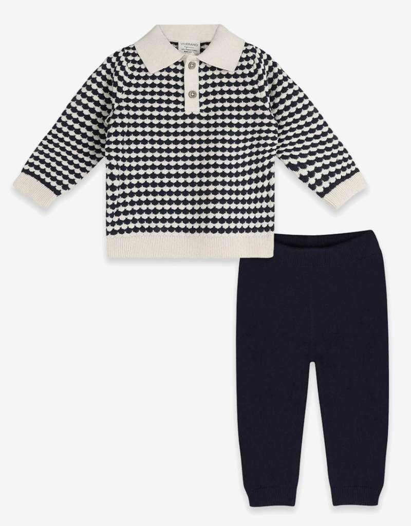 Viverano Leo Textured Knit Polo Pullover Pant Set Navy