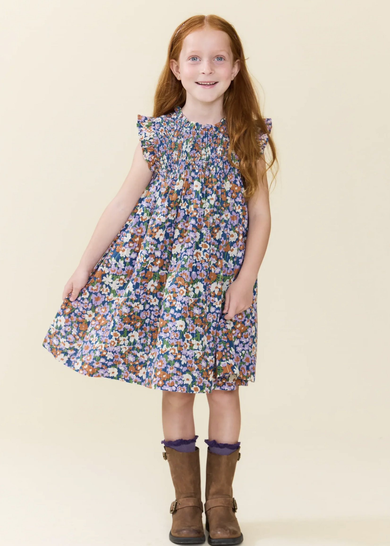Pink Chicken girls stevie dress - true blue sketched floral