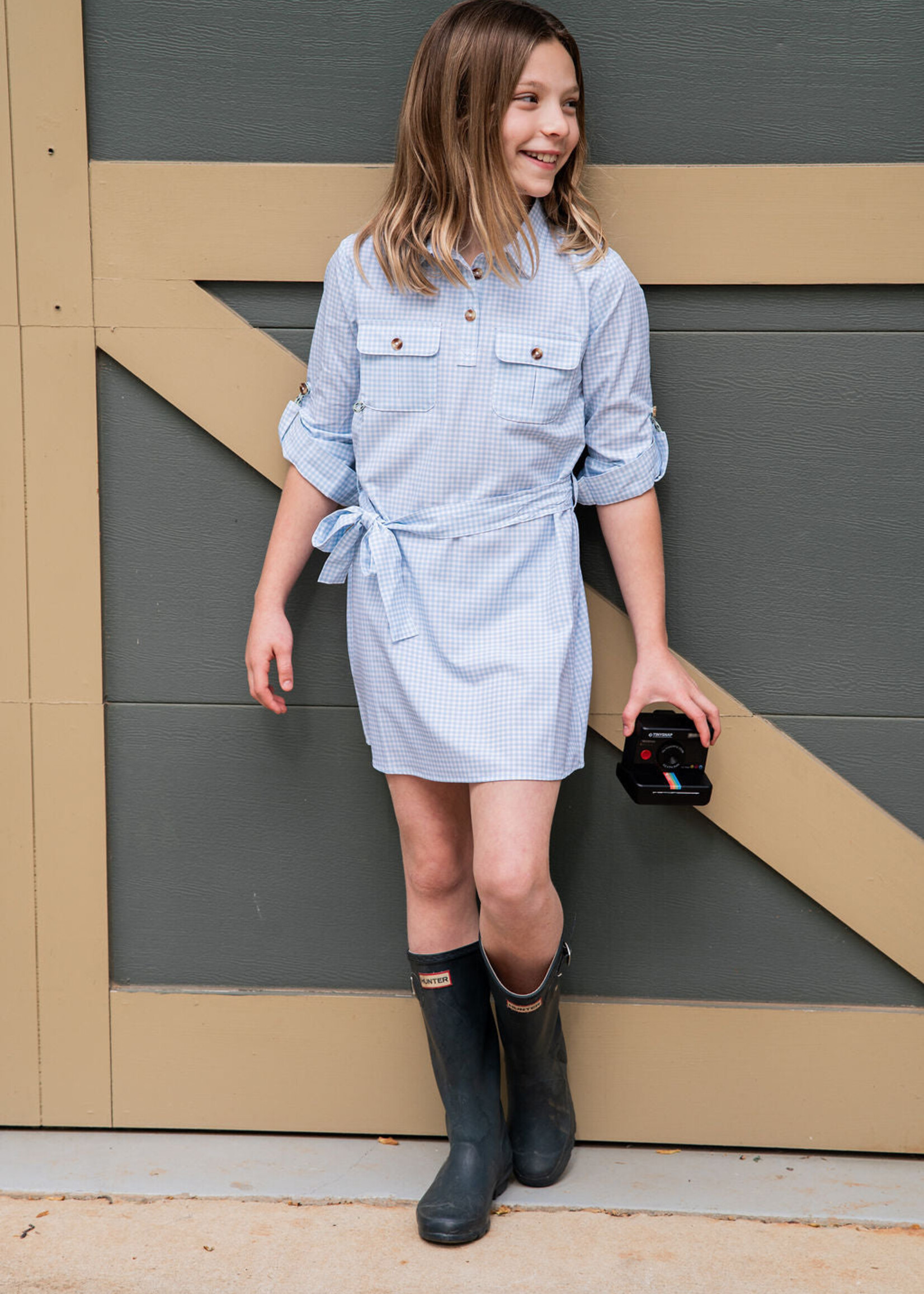 Prodoh L/S Belted Shirt Dress Clear Sky Gingham