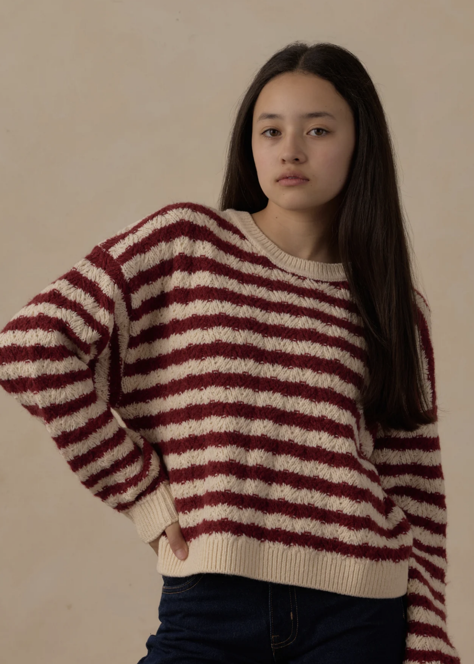 Rylee + Cru LLC TEEN CAROLINA SWEATER RUBY STRIPE