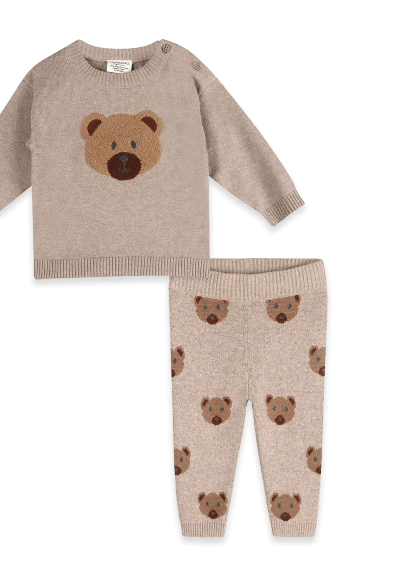 Viverano Bear Knit Baby Pullover Pant Set Organic Cotton Brown