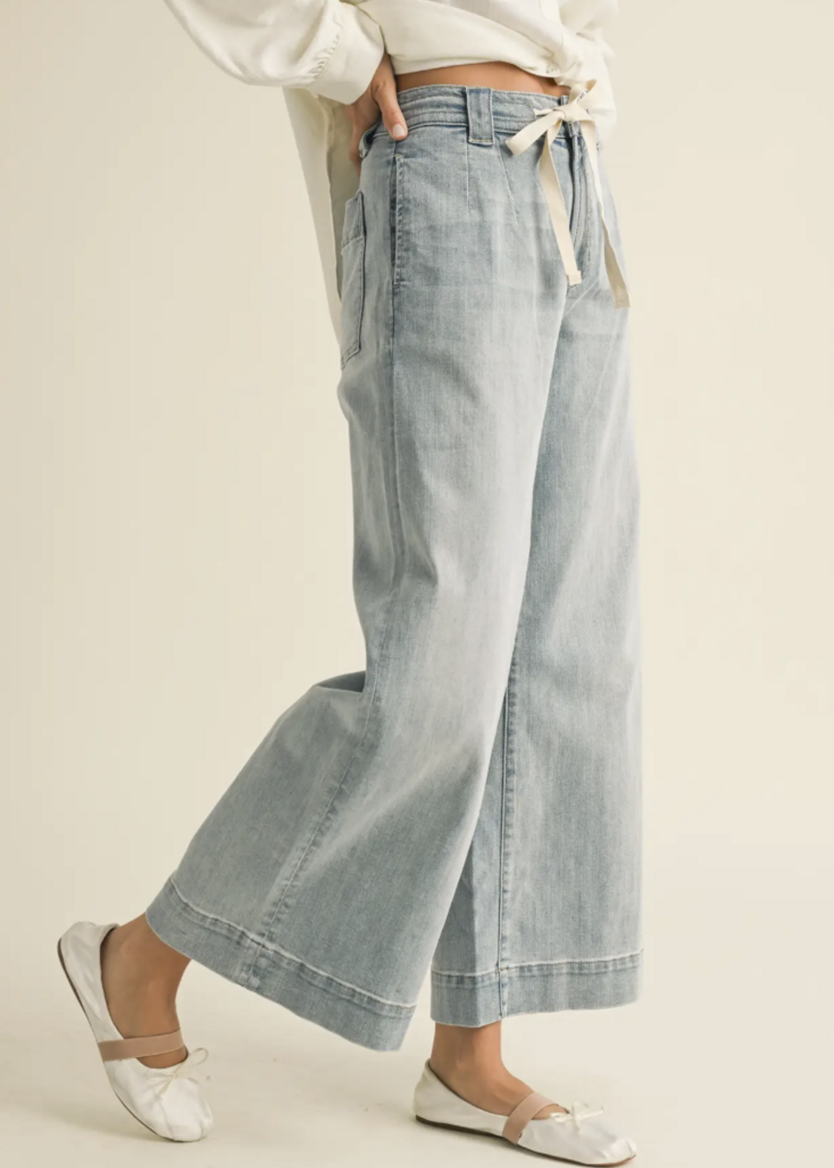 Miou Muse Womens Washed Denim with Tie Front Pants
