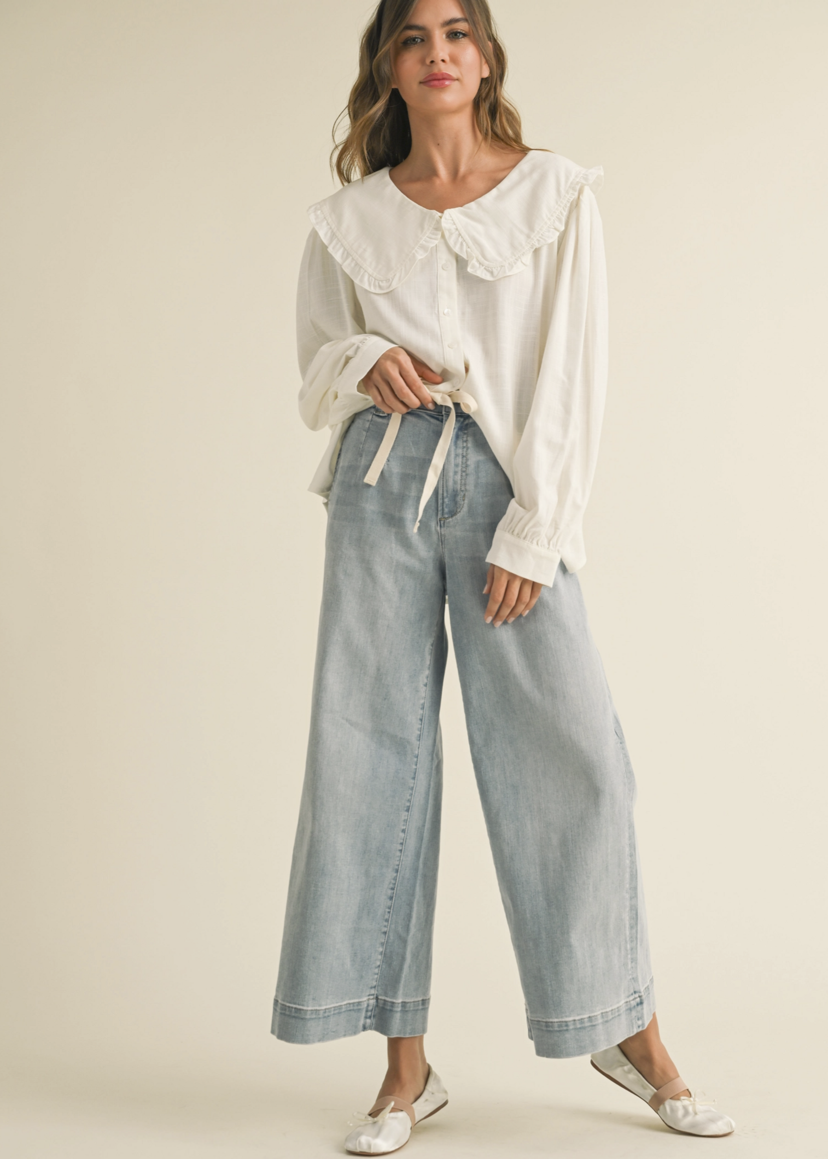 Miou Muse Womens Washed Denim with Tie Front Pants