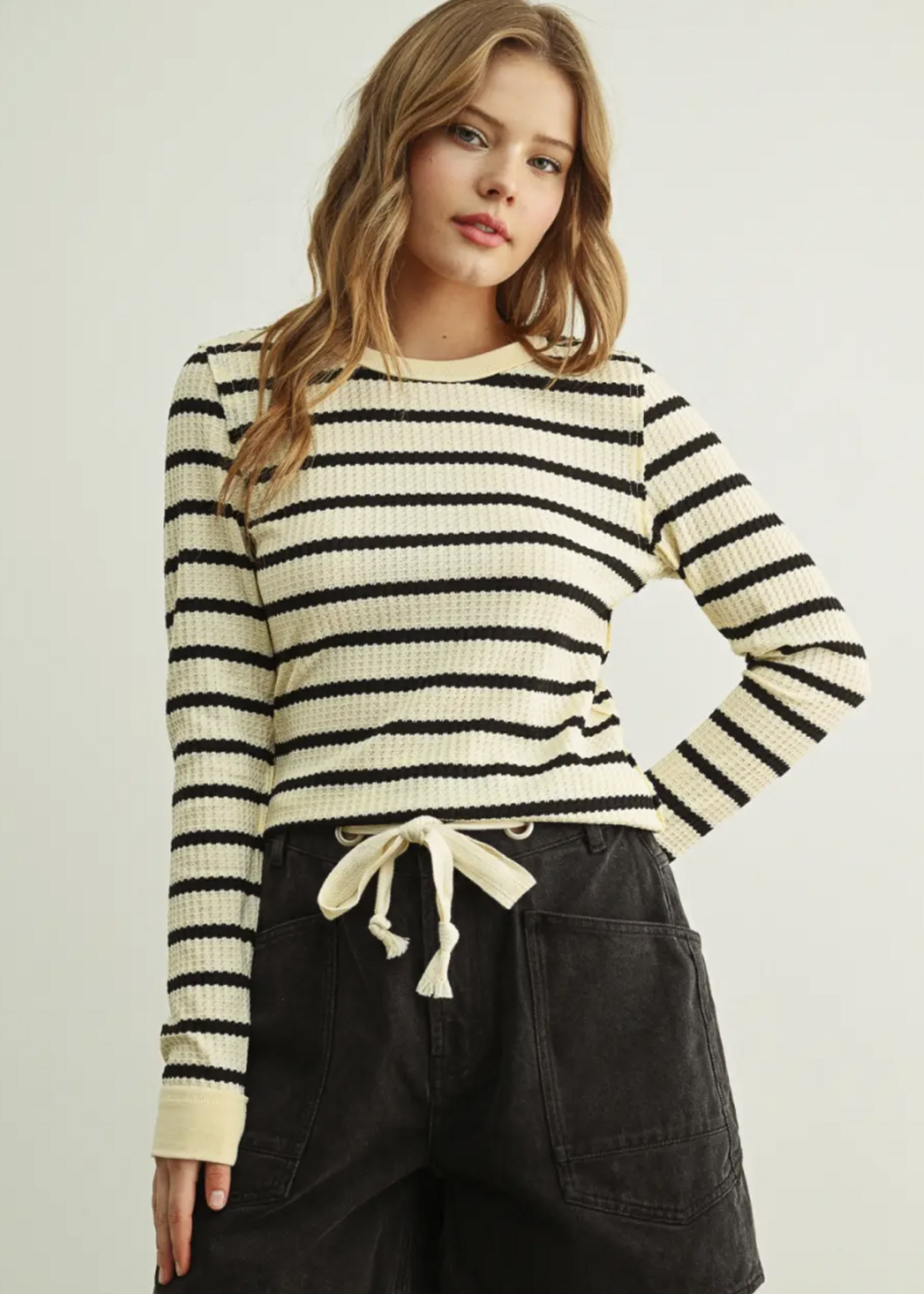 Miou Muse Womens Multi Color Waffle Fabric L/S Top