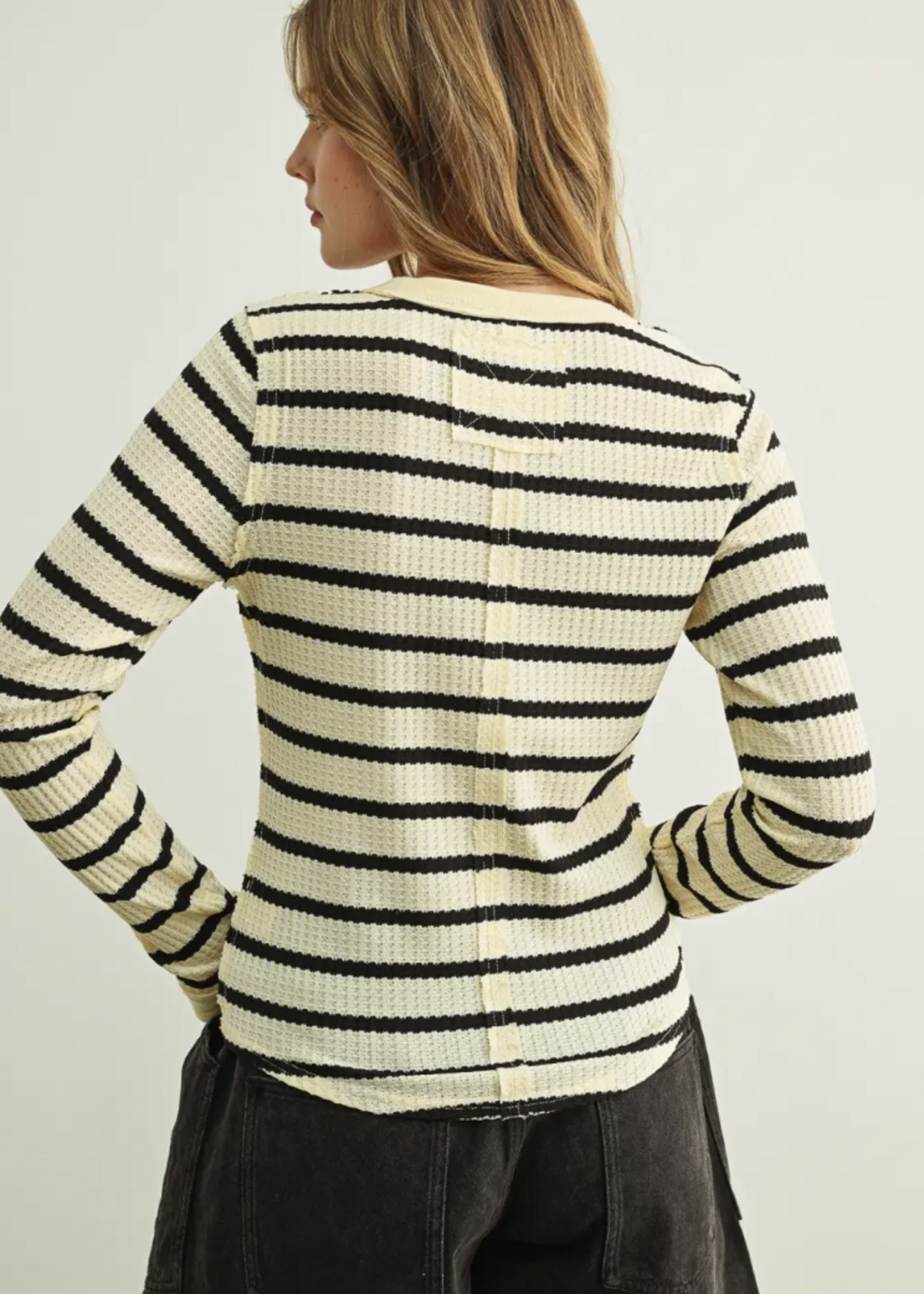 Miou Muse Womens Multi Color Waffle Fabric L/S Top