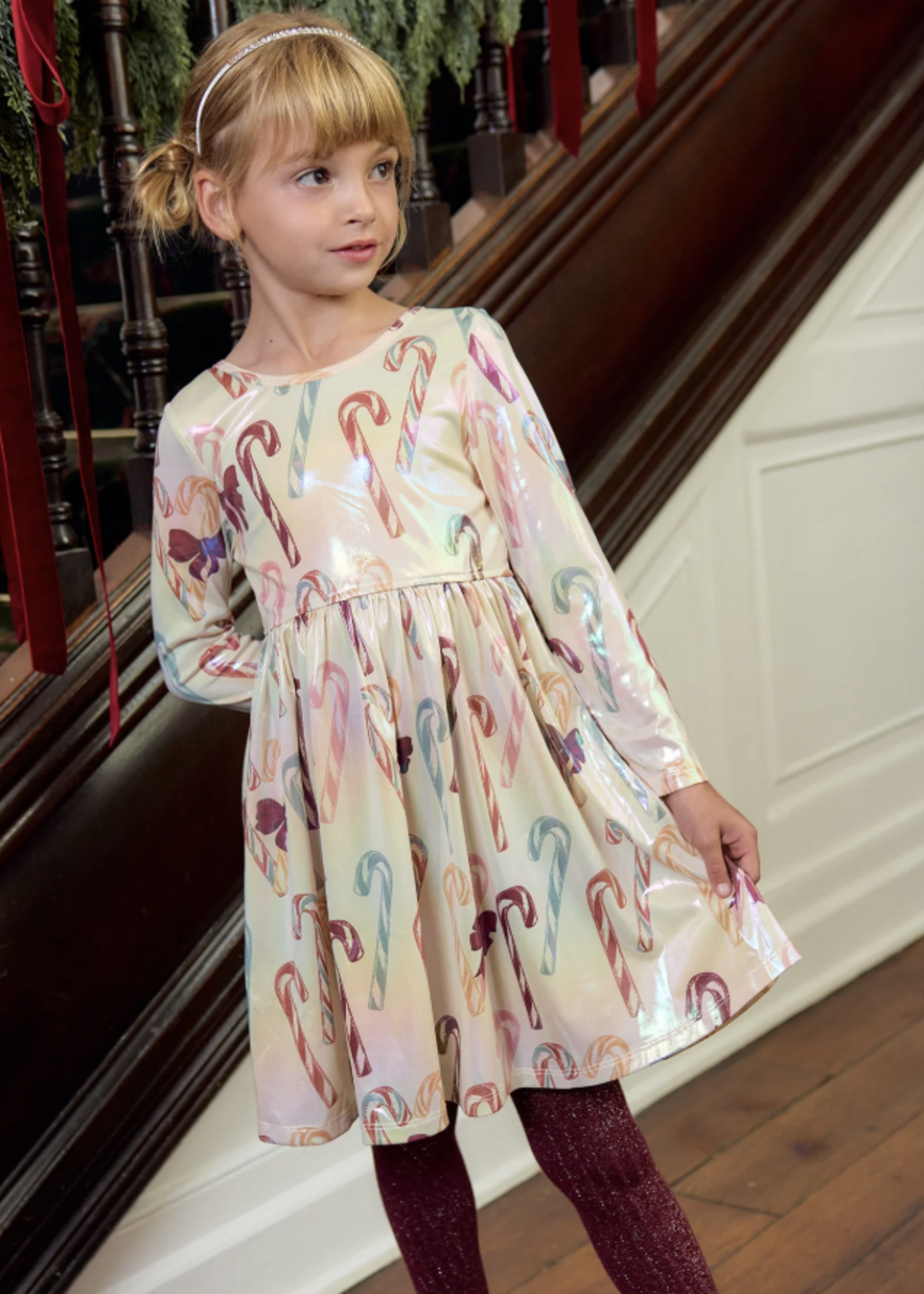 Pink Chicken girls lame steph dress - antique candy canes