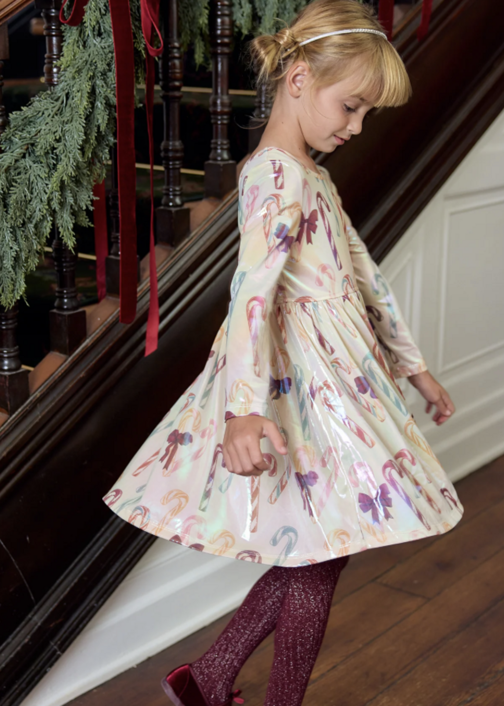 Pink Chicken girls lame steph dress - antique candy canes