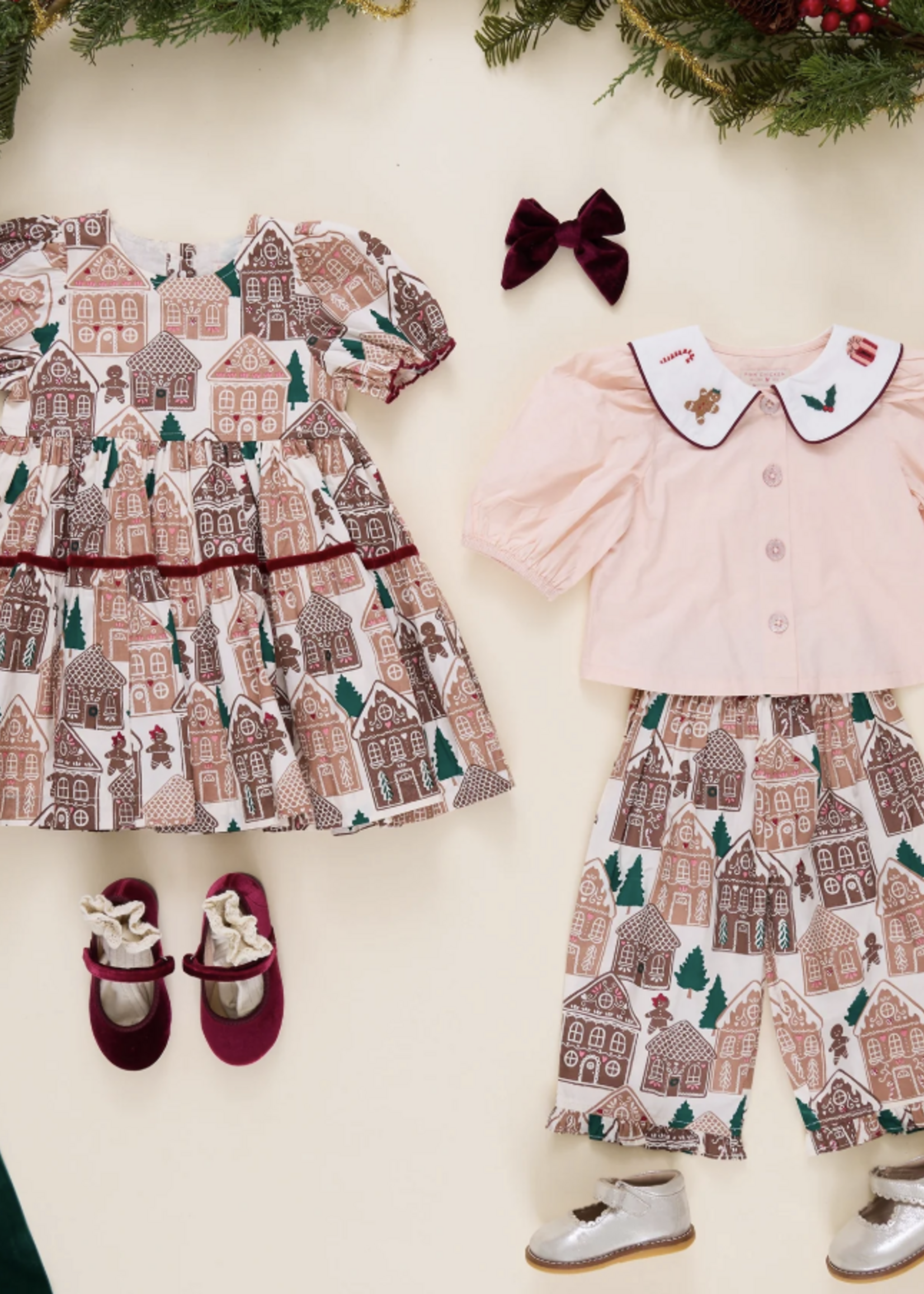 Pink Chicken baby girls noelle 2pc set - gingerbread houses