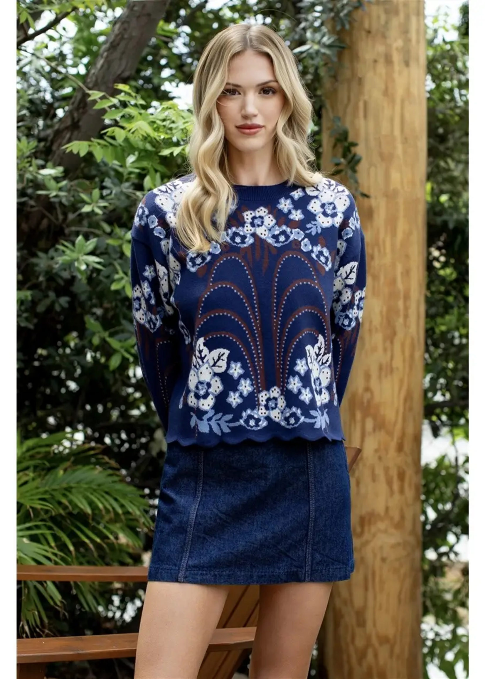 THML Clothing All Over Pattern Sweater Top Navy