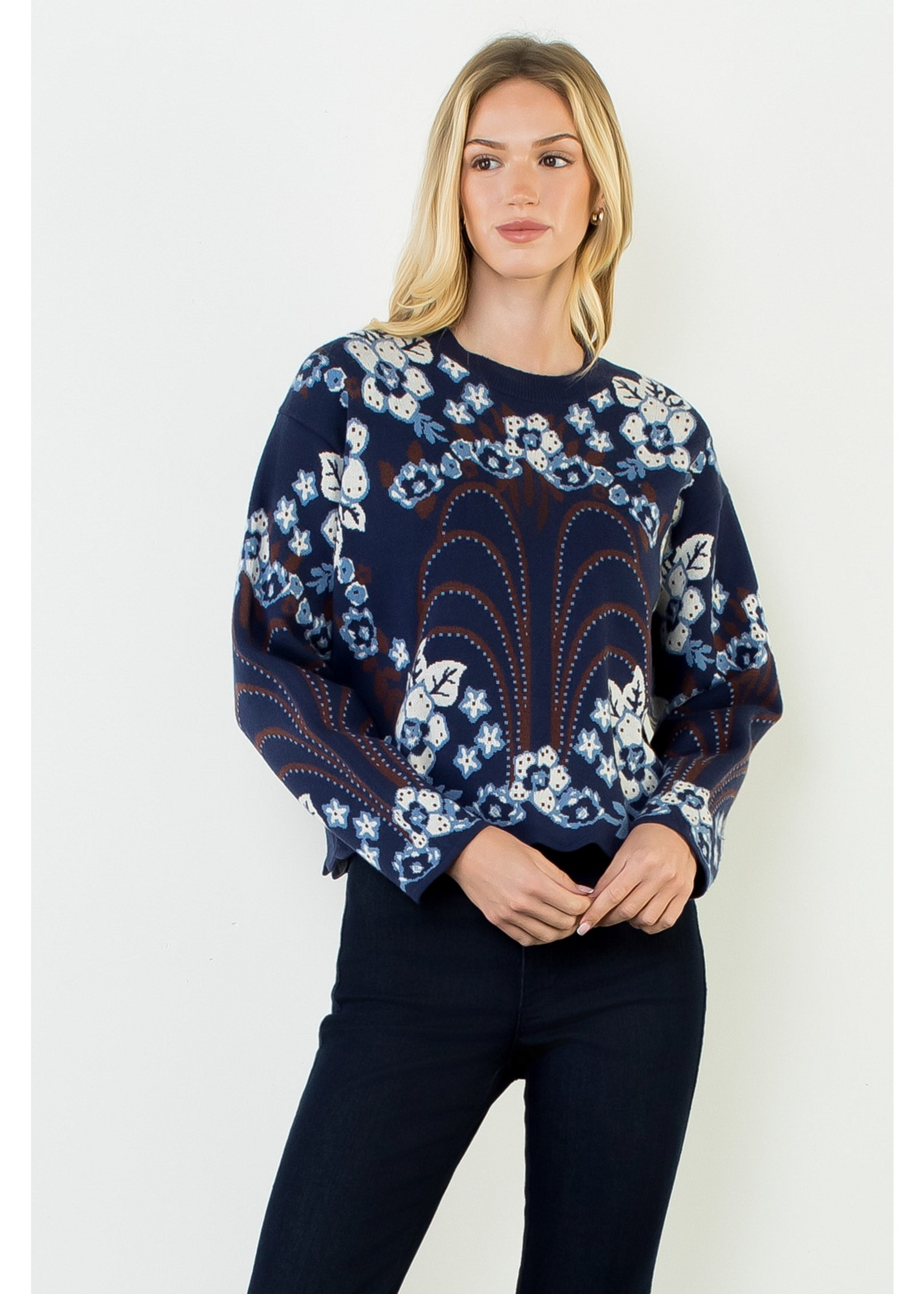 THML Clothing All Over Pattern Sweater Top Navy