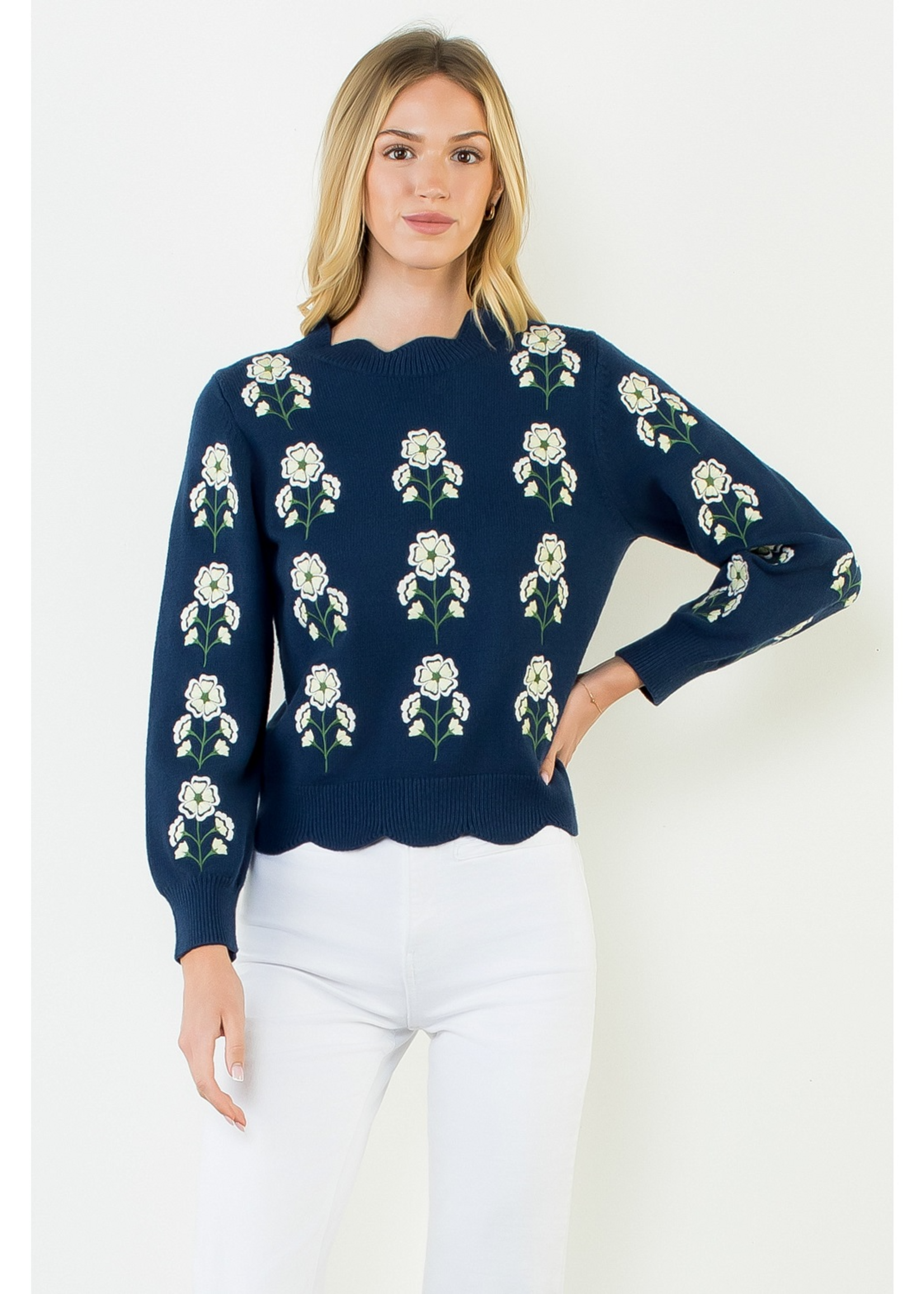 THML Clothing Flower Embroidered Sweater Navy