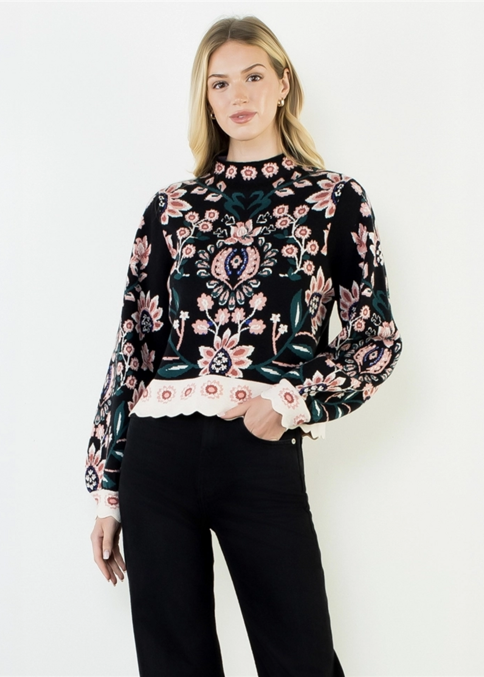 THML Clothing High Neck Long Sleeve Floral Sweater