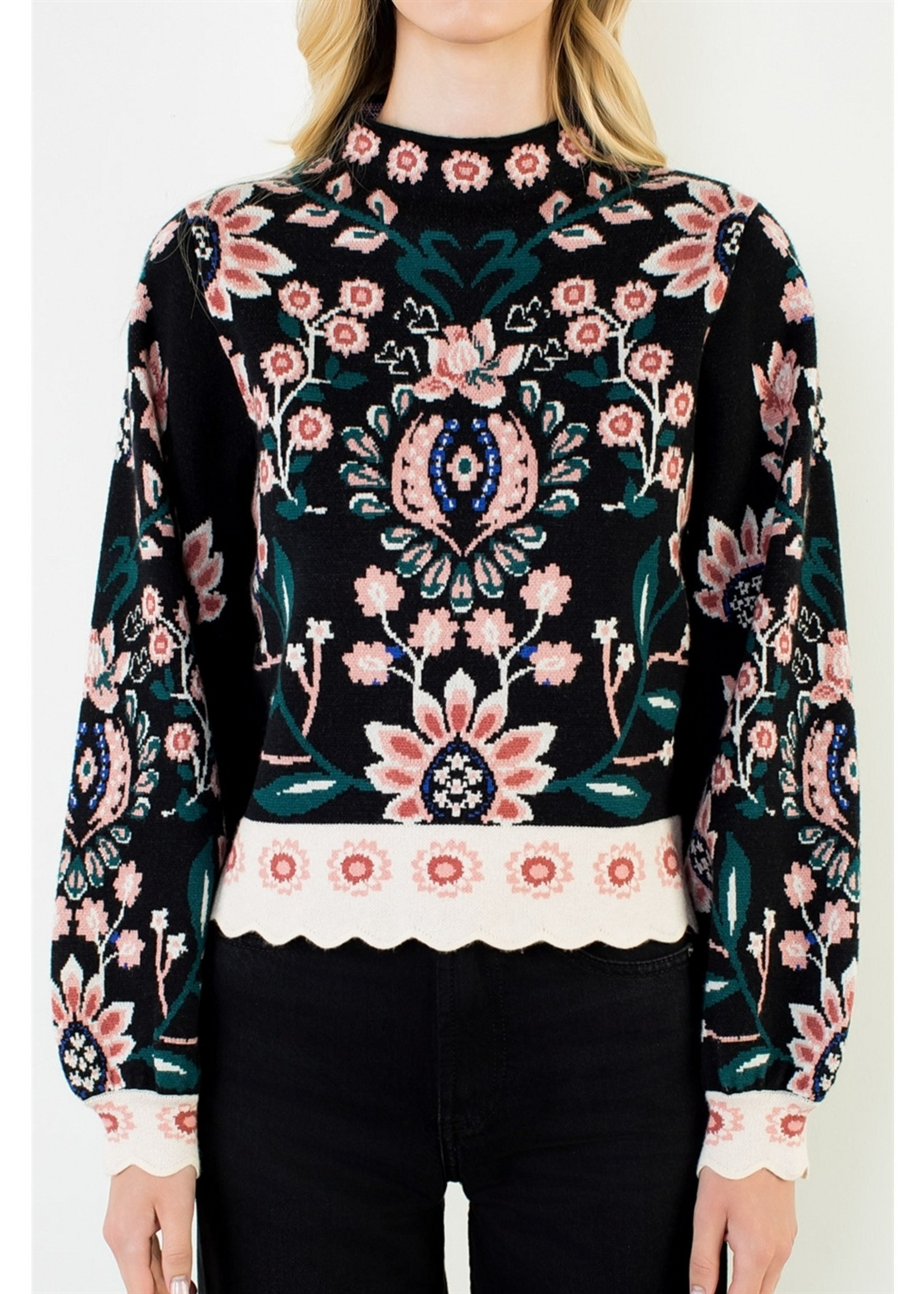THML Clothing High Neck Long Sleeve Floral Sweater