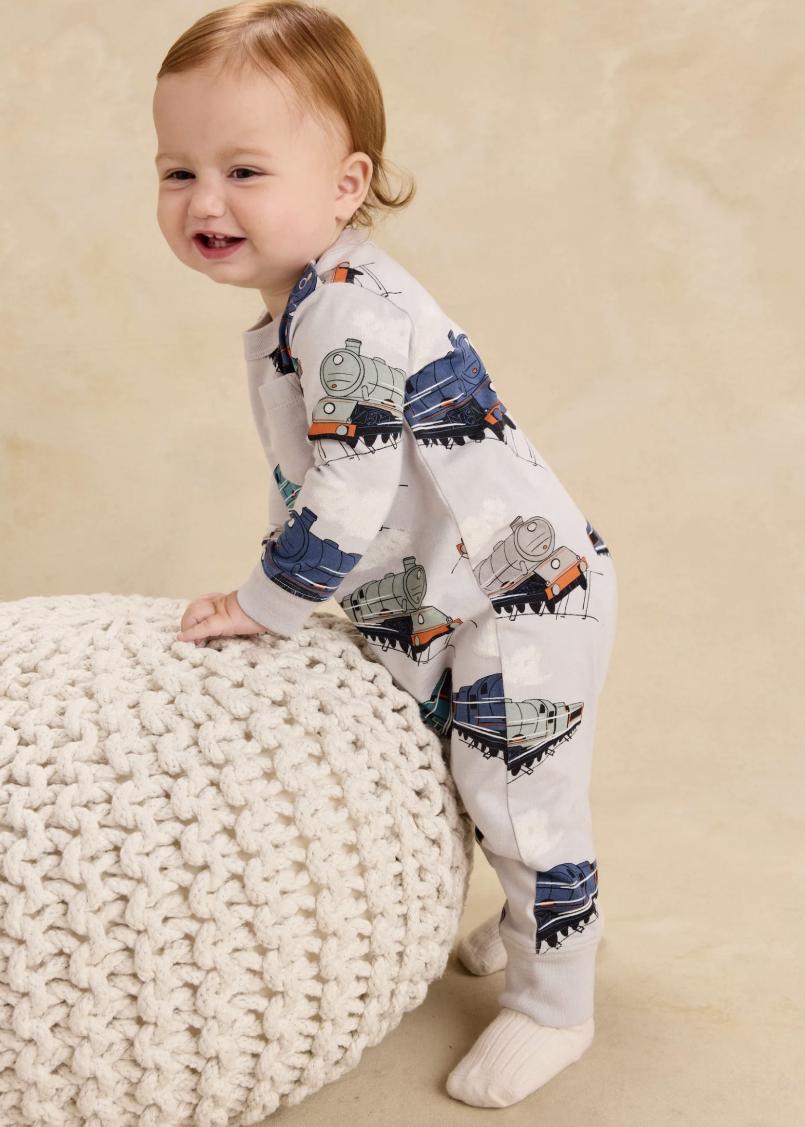 Tea Collection L/S POCKET BABY ROMPER GREAT RAILWAY JOURNEY