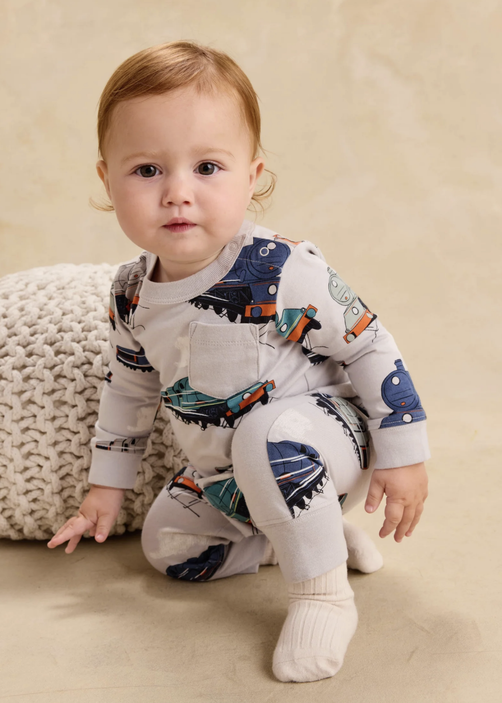 Tea Collection L/S POCKET BABY ROMPER GREAT RAILWAY JOURNEY