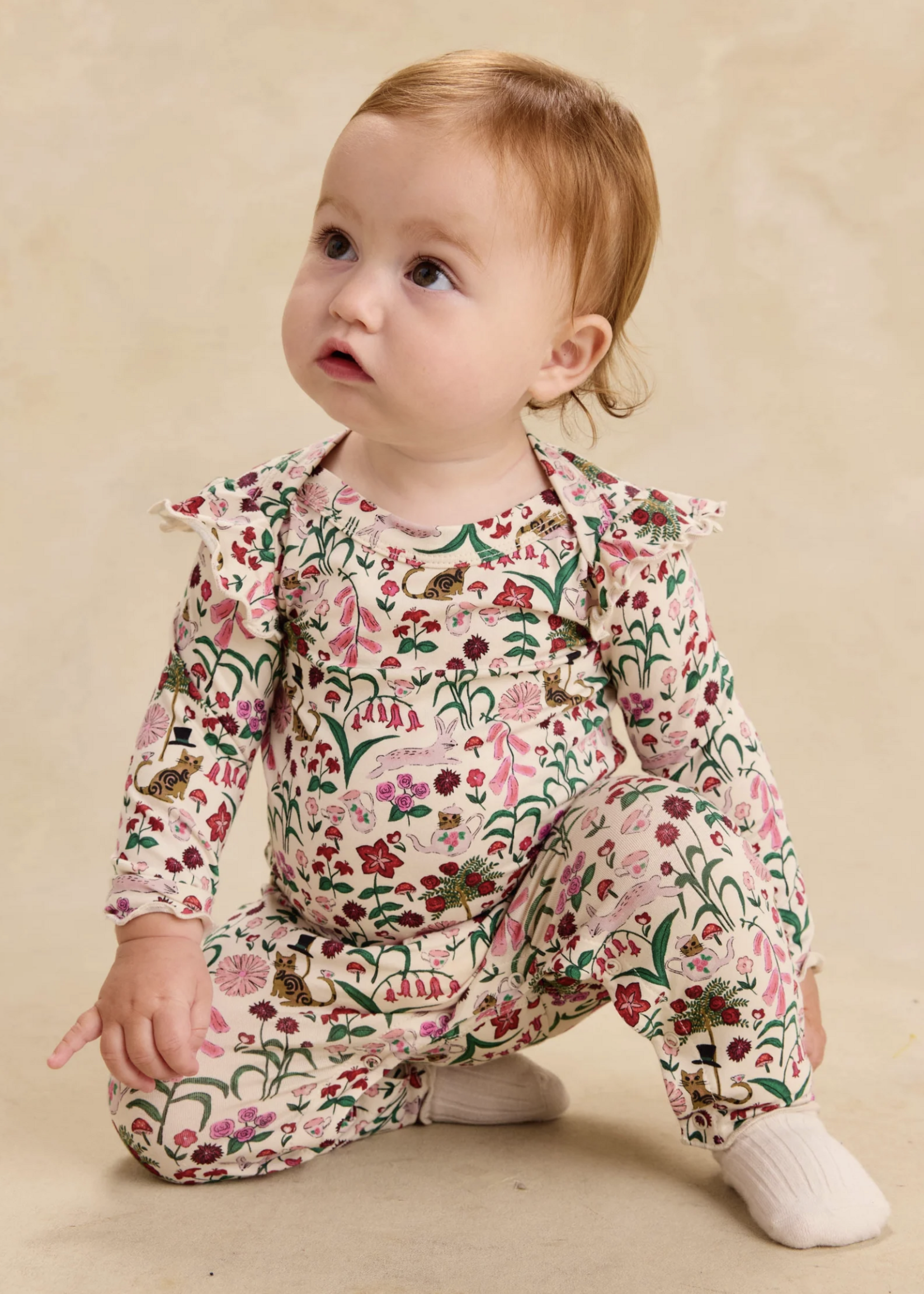 Tea Collection RUFFLE SHOULDER BABY ROMPER TEA PARTY FLORAL